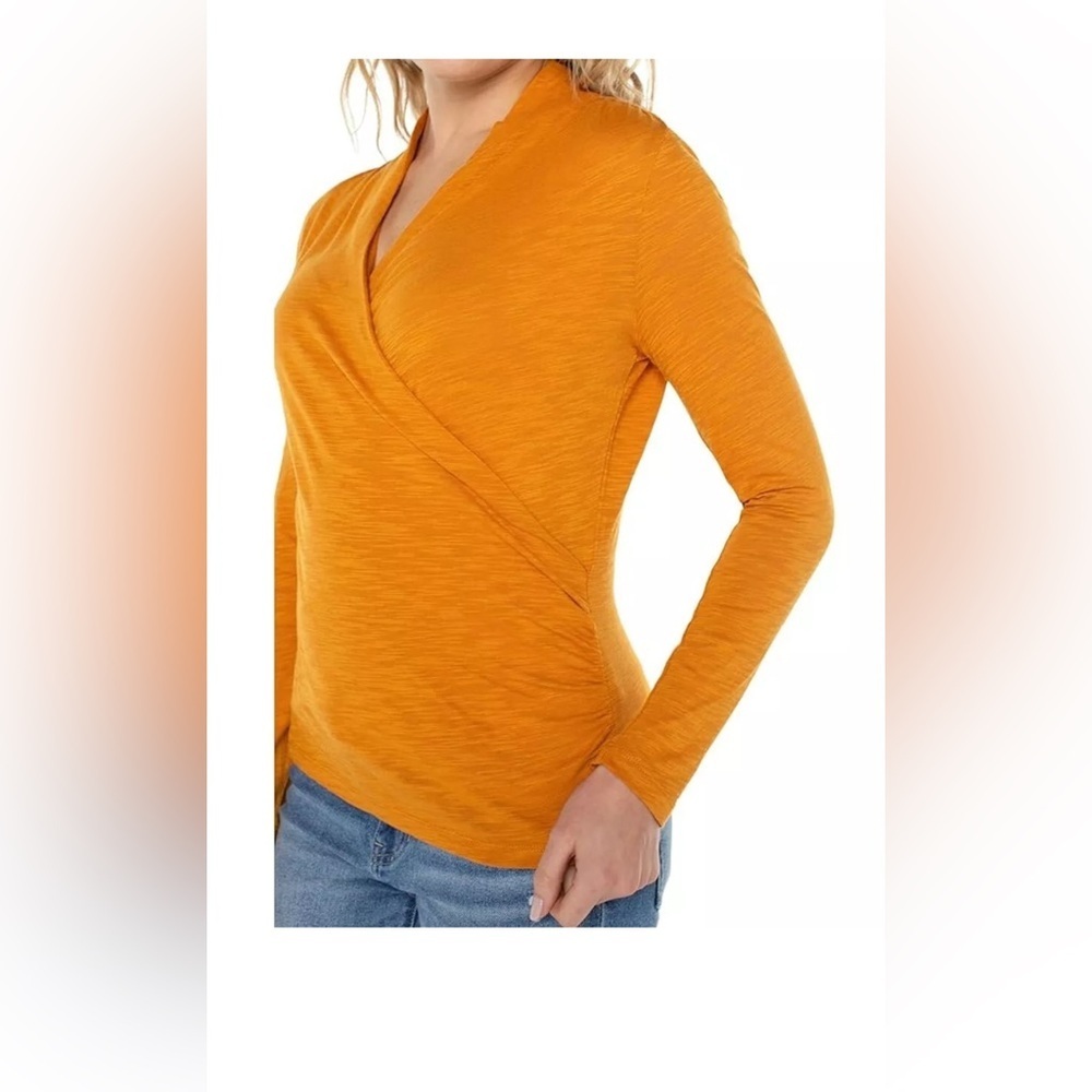 NEW Womens Liverpool Los Angeles Faux Wrap Top Blouse Shirt Rich Gold $59 - Picture 3 of 6